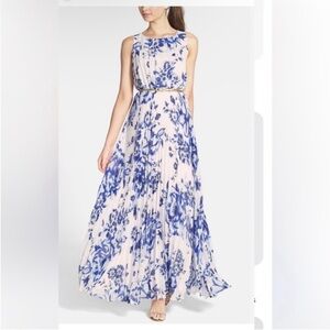Eliza J Blue White Floral Pleated Sleeveless Maxi Dress Size 6